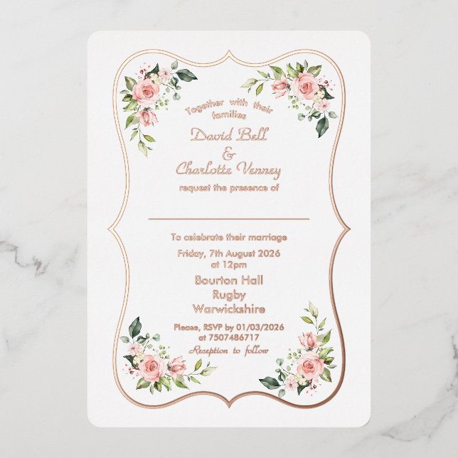 Invitation En Aluminium Charmant Rose  Gold Frame Mariage (Recto)