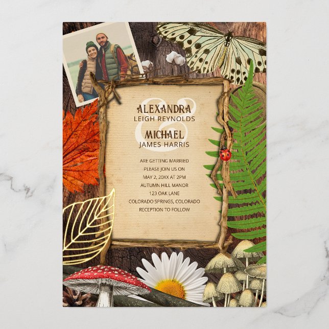 Invitation En Aluminium Charmante forêt rustique Nature inspirée Foil Invi (Recto)