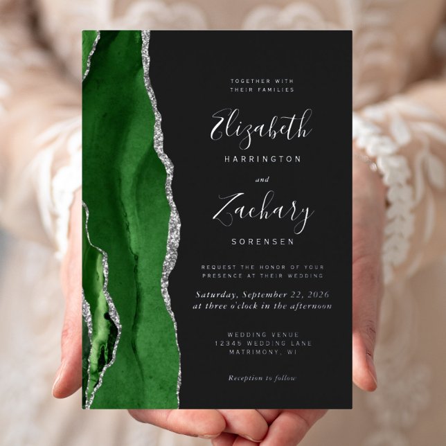 Invitation En Aluminium Chasseur moderne vert Argent Agate Mariage foncé (Créateur téléchargé)