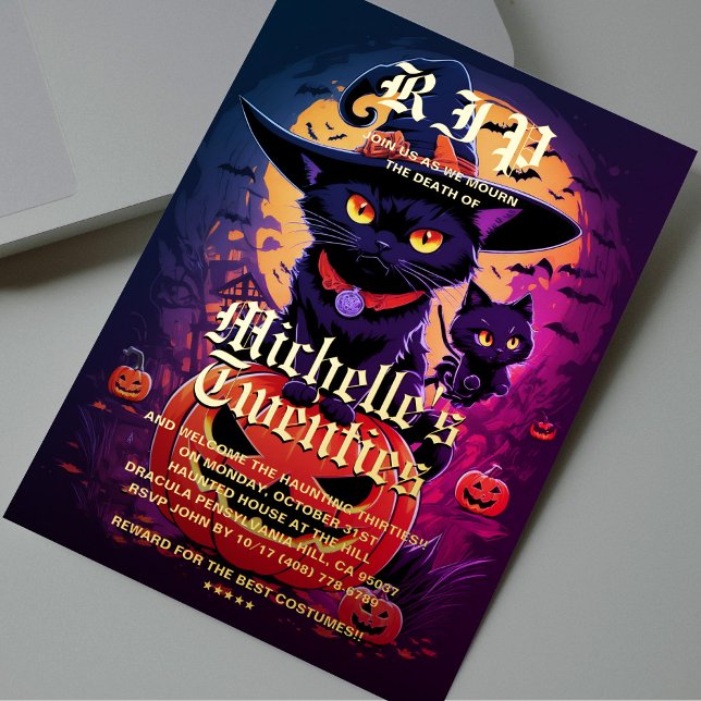 Invitation En Aluminium Chat noir gothique Sorcière Halloween Anniversaire (Gothic Cat Witch Pumpkin Halloween Birthday Foil Invitation
)
