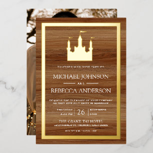 Invitation En Aluminium Château de conte de fées en bois Photo Mariage Or