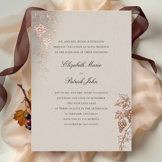 Invitation En Aluminium Château de vignoble d'automne Moderne Classique Ma (fall vineyard wedding invitation winery grapevine formal modern classic black tie foil wheat beige)