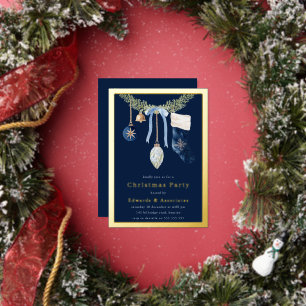 Invitation En Aluminium Chaussette Bleu Minuit Soirée de Noël en Or