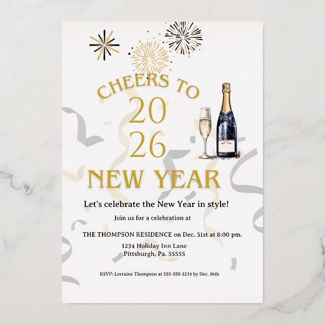Invitation En Aluminium Cheers to New Year Party Gold (Recto)