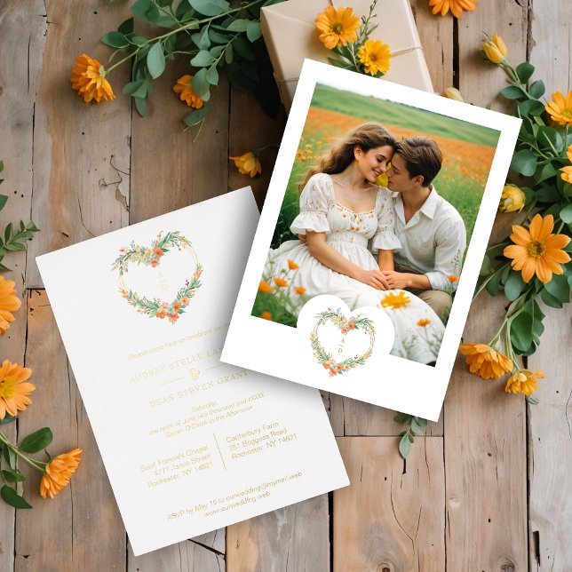 Invitation En Aluminium Cherish Romantic Orange & Green Floral Heart Shape (Cherish Romantic Orange & Green Floral Heart Shape Wreath Wedding Golden Metallic Foil Invitations.)