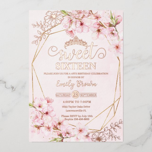 Invitation En Aluminium Cherry Blossoms Sakura Pink Sweet 16 Rose Gold  (Recto)