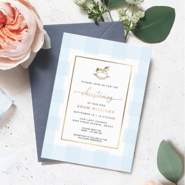 Invitation En Aluminium Cheval à rocher bleu En vichy Christening Invitati (blue gingham rocking horse christening gold foil invitation )