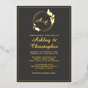 Invitation En Aluminium Chic Ardoise Gris Feuille Monogramme Photo Mariage