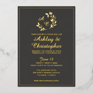 Invitation En Aluminium Chic Ardoise Grise Feuille Monogramme Photo Mariag
