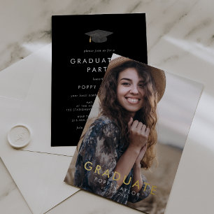 Invitation En Aluminium Chic Black Casquette Gold Foil Photo Graduation