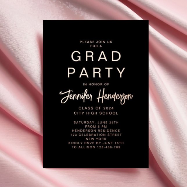 Invitation En Aluminium Chic Black Rose Gold Calligraphie Graduation (Chic Black Rose Gold Calligraphy Graduation Foil Invitation)