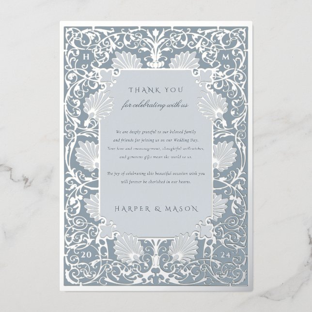 Invitation En Aluminium Chic bleu Dusty et Merci d'huile d'argent (Recto)