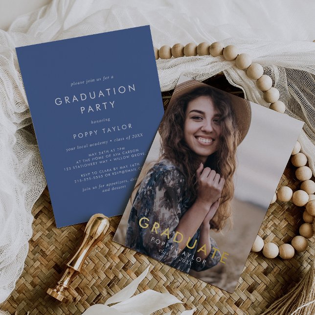 Invitation En Aluminium Chic Blue Gold Foil Photo Graduation Party (Créateur téléchargé)