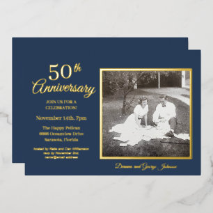 Invitation En Aluminium Chic Blue Photo 50e Anniversaire Or