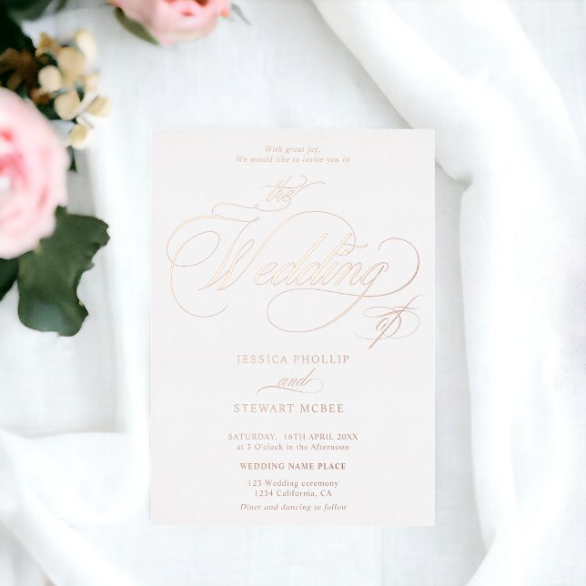 Invitation En Aluminium Chic calligraphie mariage rose or (Chic photo calligraphy wedding rose gold foil invitation)