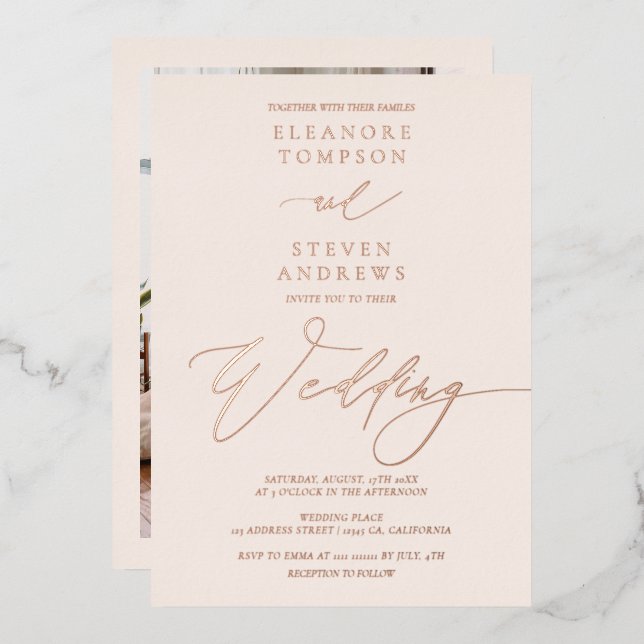Invitation En Aluminium Chic classique calligraphie mariage or rose (Recto/Verso)