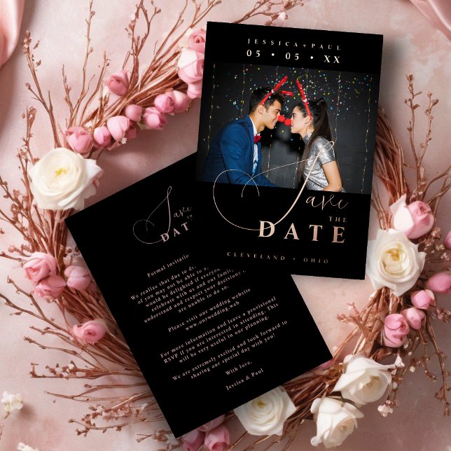 Invitation En Aluminium Chic Exquisite Script Photo Christmas Rose Gold  (Cherish Exquisite Script Photo Christmas Couple Real Rose Gold Metallic Foil Wedding Black Save Date)