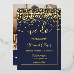 Invitation En Aluminium Chic feuille d'or marine bleu photo initiales mari