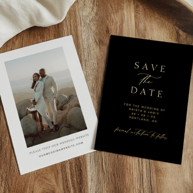 Invitation En Aluminium Chic Gold & Black Photo Wedding Save the Date (Créateur téléchargé)