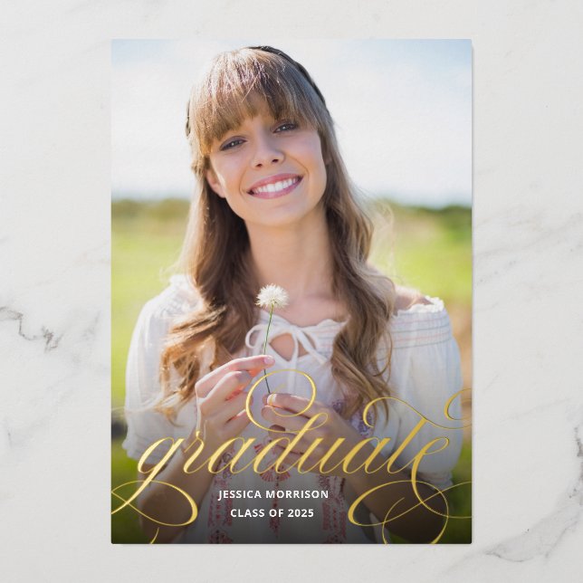 Invitation En Aluminium Chic Gold Foil Calligraphie Photo Graduation Party (Recto)