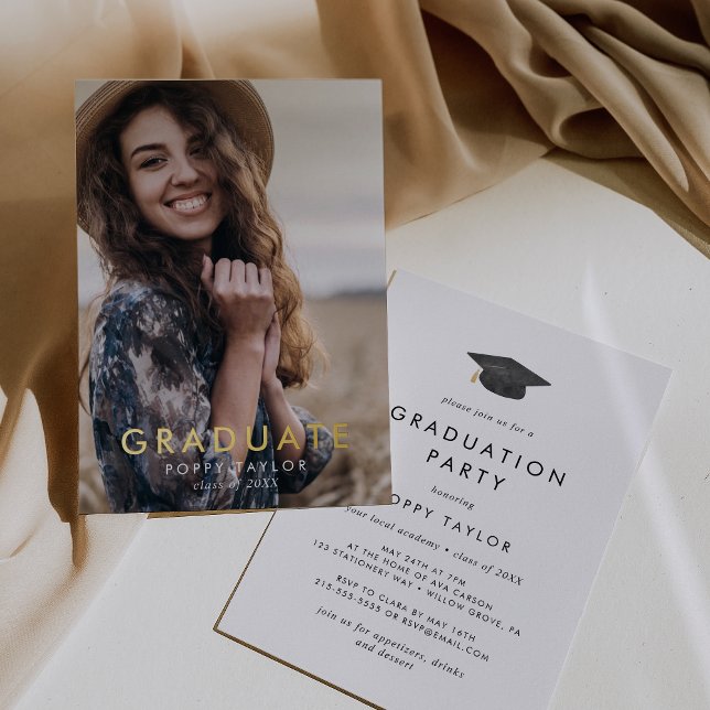 Invitation En Aluminium Chic Grad Casquette Gold Foil Photo Graduation Par (Créateur téléchargé)