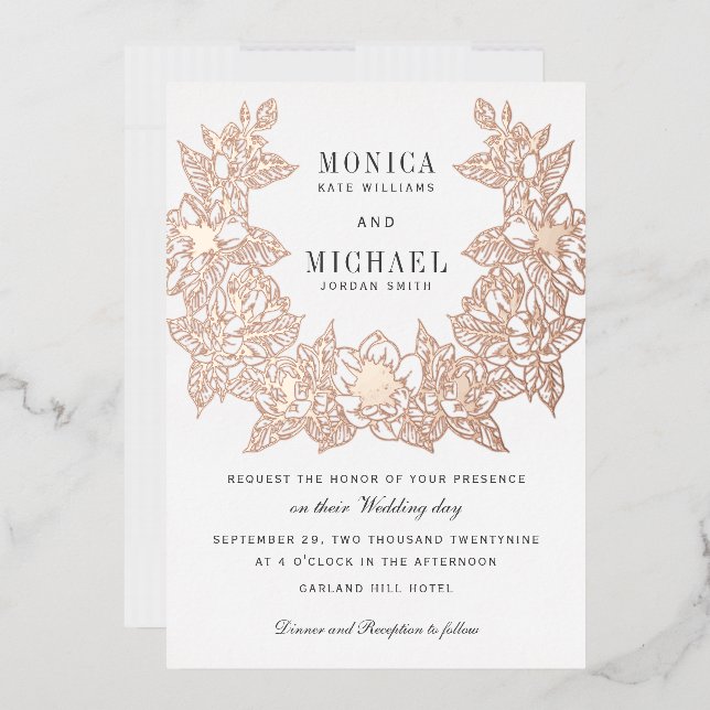 Invitation En Aluminium Chic Magnolia Wreath ROSE OR (Enveloppe)