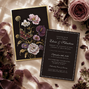 Invitation En Aluminium Chic Mariage Papillon Botanique Tout-en-Un Noir