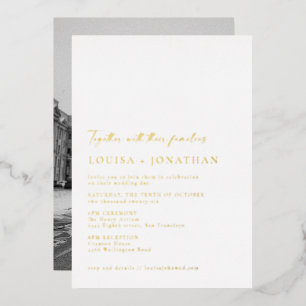 Invitation En Aluminium Chic Minimaliste Écriture Photo Mariage Élégant Or