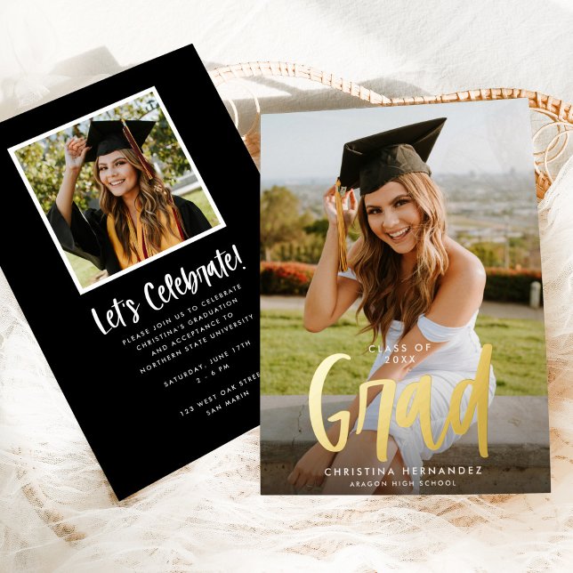 Invitation En Aluminium Chic Moderne Script Grad Photo Graduation Gold (Créateur téléchargé)