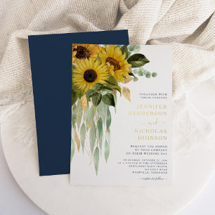 Invitation En Aluminium Chic Navy Blue Floral Mariage de tournesol or