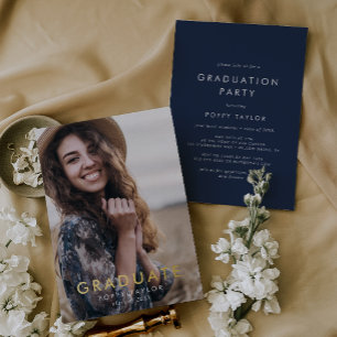 Invitation En Aluminium Chic Navy Blue Gold Foil Photo Party