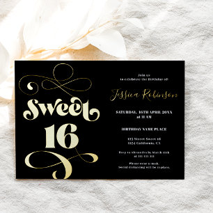 Invitation En Aluminium Chic noir or rétro script photo Sweet 16