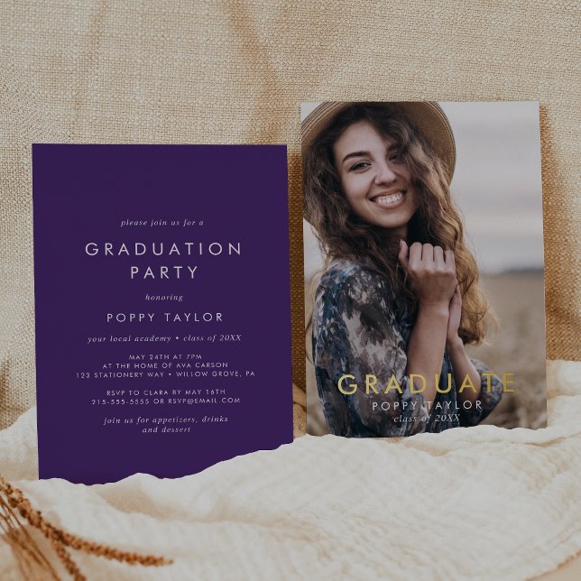 Invitation En Aluminium Chic Purple Gold Foil Photo Graduation Party (Créateur téléchargé)