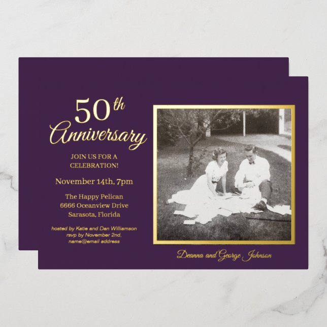 Invitation En Aluminium Chic Purple Photo 50e Anniversaire Or (Recto/Verso)