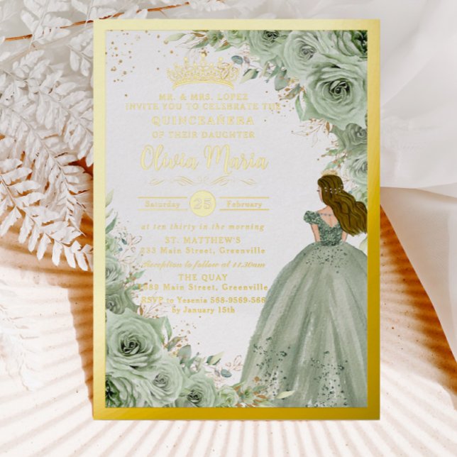 Invitation En Aluminium Chic Sage Green Floral Princesse Gold Quinceañera (Créateur téléchargé)