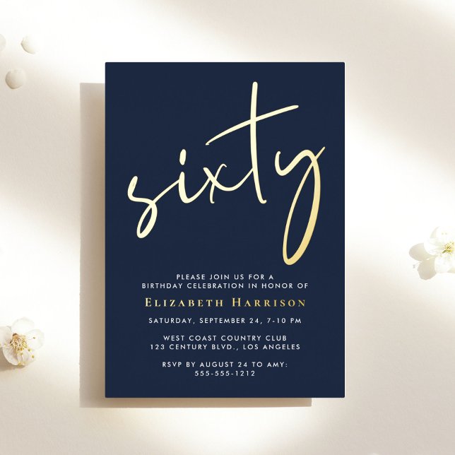 Invitation En Aluminium Chic Script Blue 60th Birthday Party Gold (Créateur téléchargé)