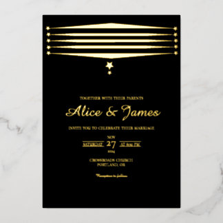 Invitation En Aluminium Chic Star Lines Élégant Mariage Noir et Or à Feuil
