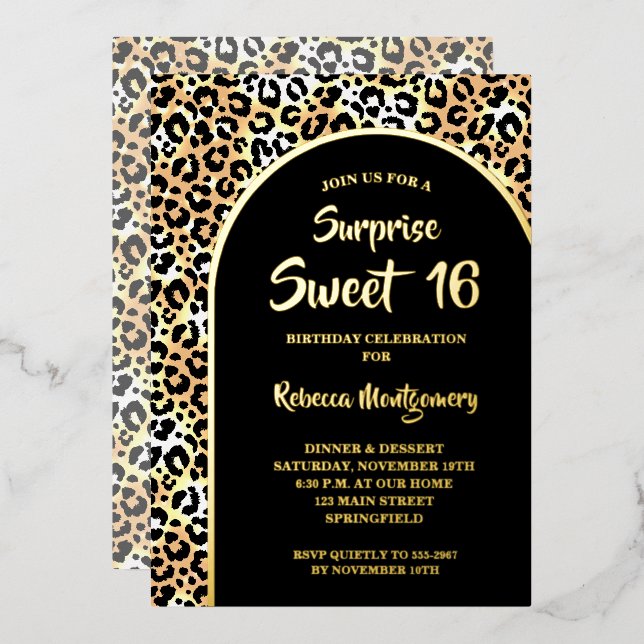 Invitation En Aluminium Chic Sweet 16 Empreinte de léopard Anniversaire Or (Recto/Verso)