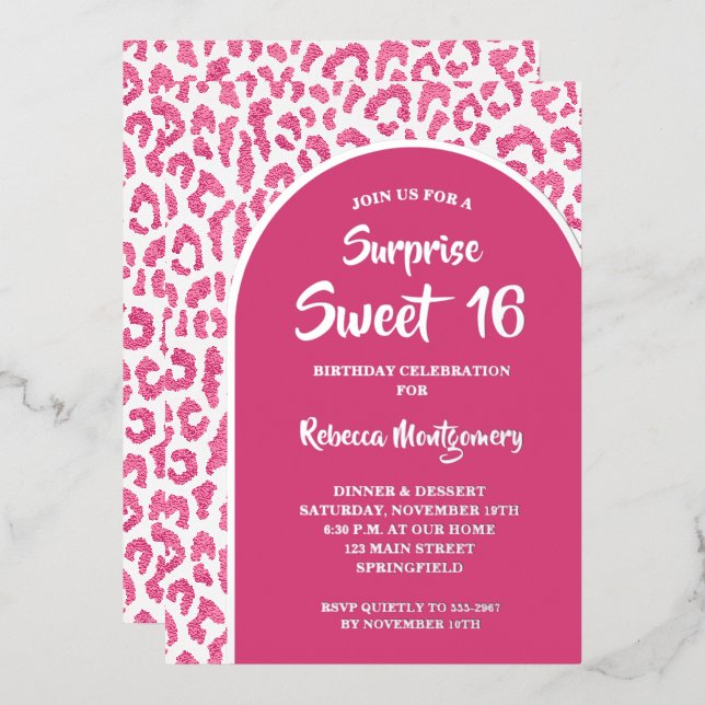 Invitation En Aluminium Chic Sweet 16 Imprimé Léopard Anniversaire Argent (Recto/Verso)