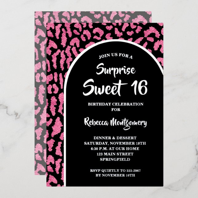 Invitation En Aluminium Chic Sweet 16 Imprimé Léopard Anniversaire Or (Recto/Verso)