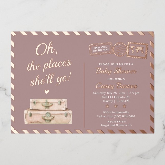 Invitation En Aluminium Chic Voyage Rose Gold Endroits Où Elle Ira Baby Sh (Recto)
