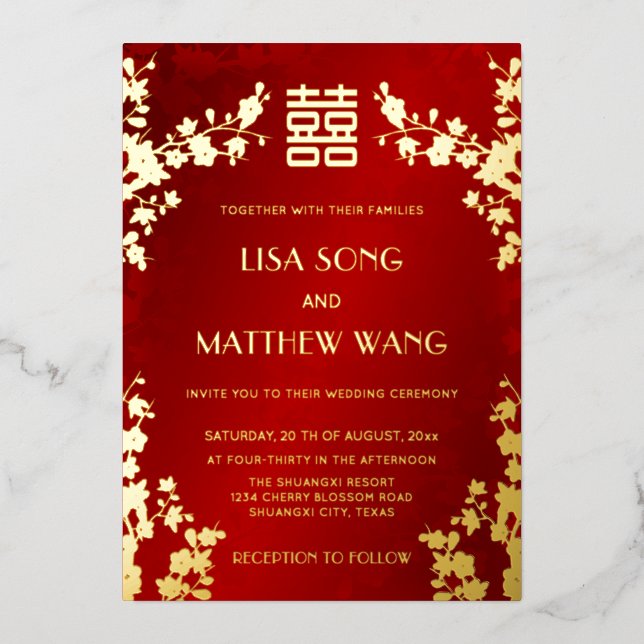 Invitation En Aluminium Chinese Bilingual | Red Cherry Blossom Wedding (Recto)