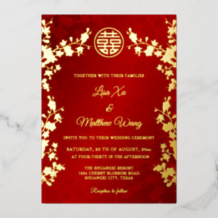 Invitation En Aluminium Chinois Bilingue   Mariage Floral Rouge Or