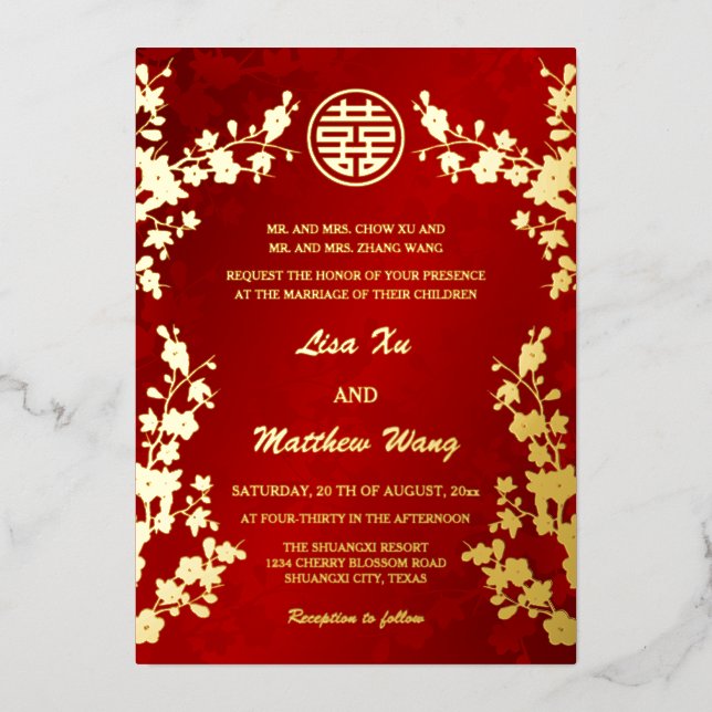 Invitation En Aluminium Chinois bilingue | Mariage rouge cerisier (Recto)