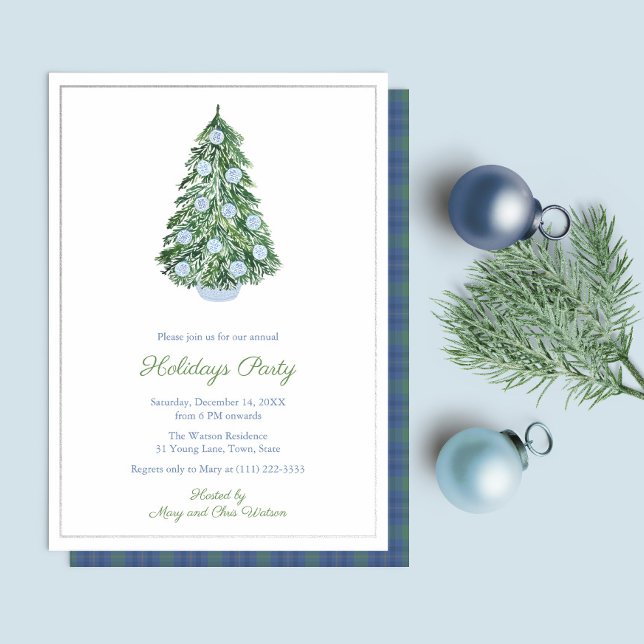 Invitation En Aluminium Chinoiserie Chic Noël Fête Bleu (Refined Holidays Party Invitation with hand painted elements and real foil border)