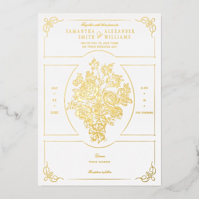 Invitation En Aluminium Chinoiserie Elégant Bouquet Bleu Mariage victorien (Recto)