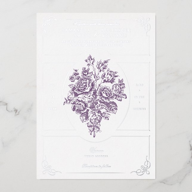 Invitation En Aluminium Chinoiserie Purple Rose Bouquet Mariage victorien (Recto)