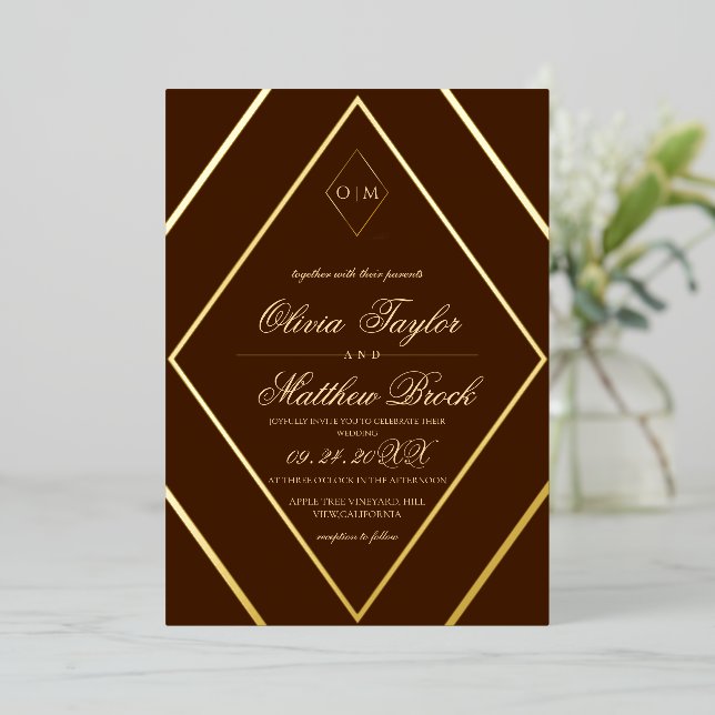 Invitation En Aluminium Chocolat diamant moderne Brown Mariage or (Debout devant)