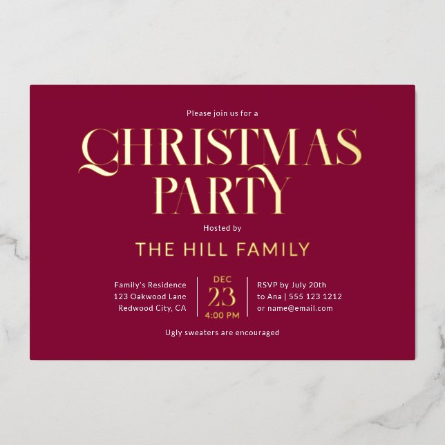 Invitation En Aluminium Christmas Party Elegant Red (Recto)
