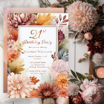 Invitation En Aluminium Chrysanthemums Peonies Floral 21e fête d'anniversa<br><div class="desc">Chrysanthèmes et pivoines élégants design floral "21st Birthday Party" avec cadre floral de mamans et de fleurs de pivoines en bordeaux, orange brûlé, abricot et rose sur un panneau central arrière - plan blanc. Beau texte rose or réel feuille d'or. La conception du dos comprend un arrière - plan aquarelle...</div>
